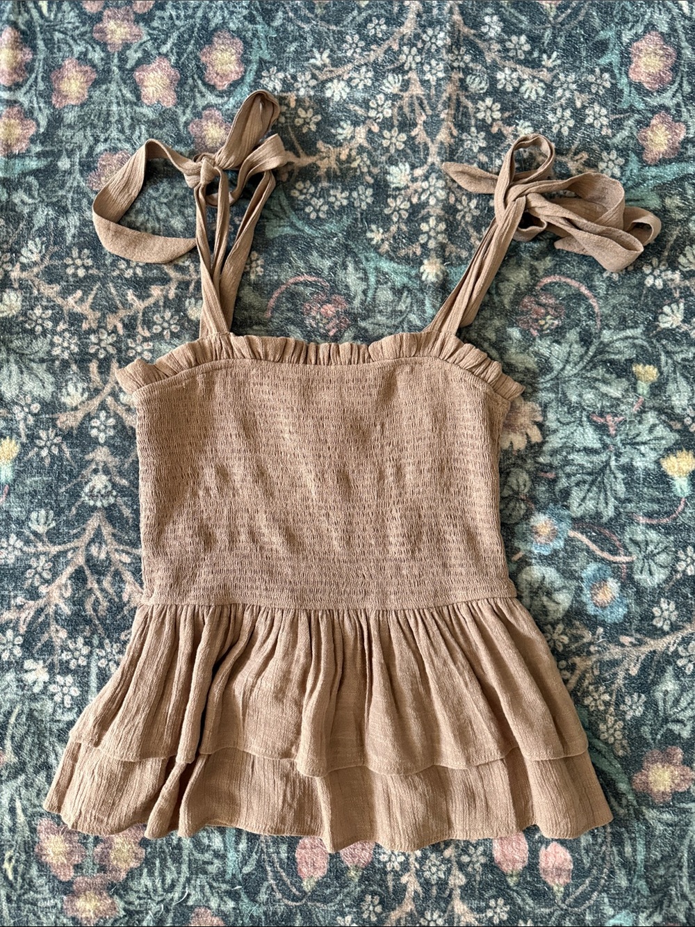 mine Brown Smocked Ruffle Tie-Strap Tank Top